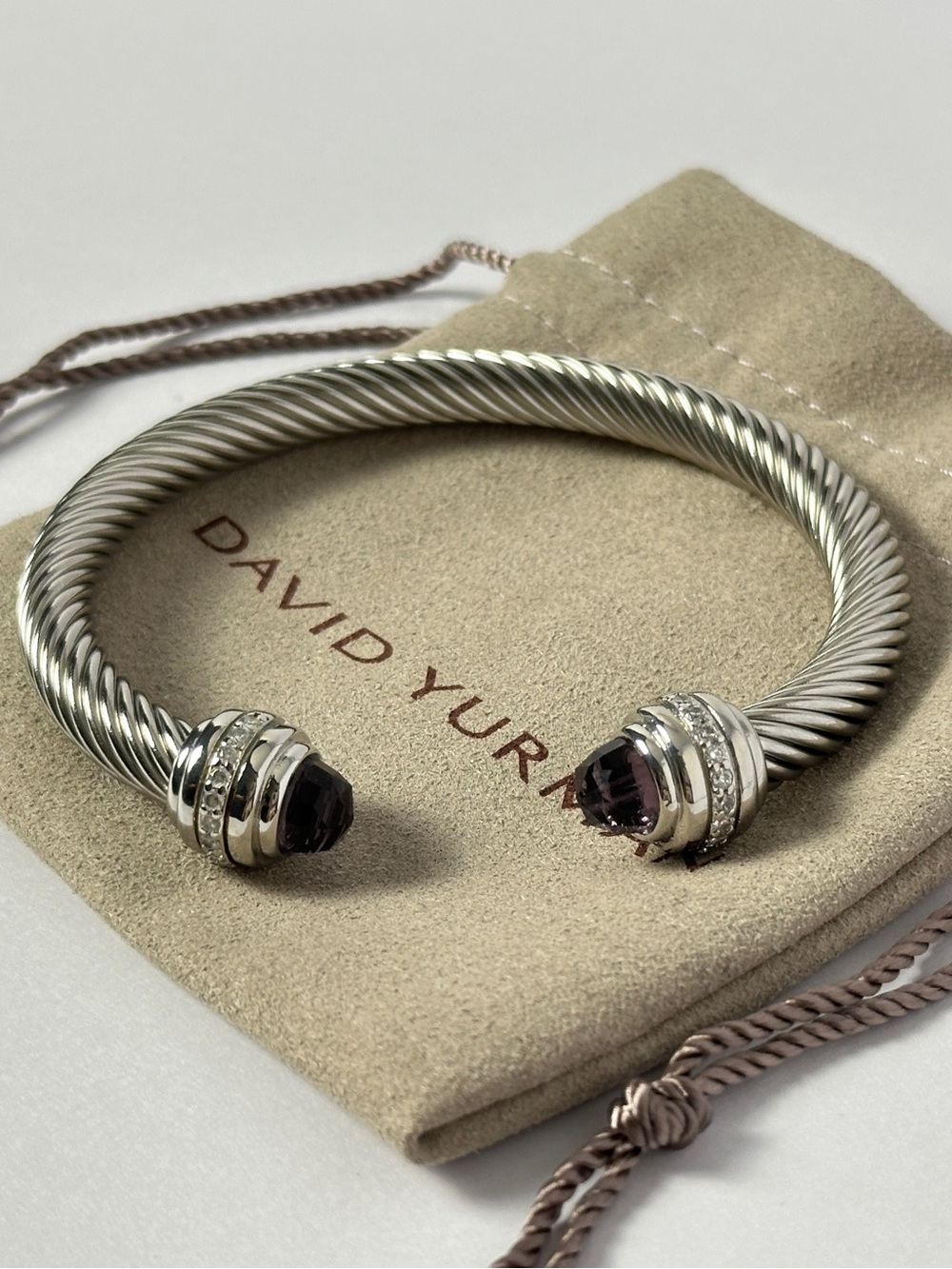 David Yurman 7mm Classic Cable Amethyst Sterling Silver Pave Cuff Bracelet